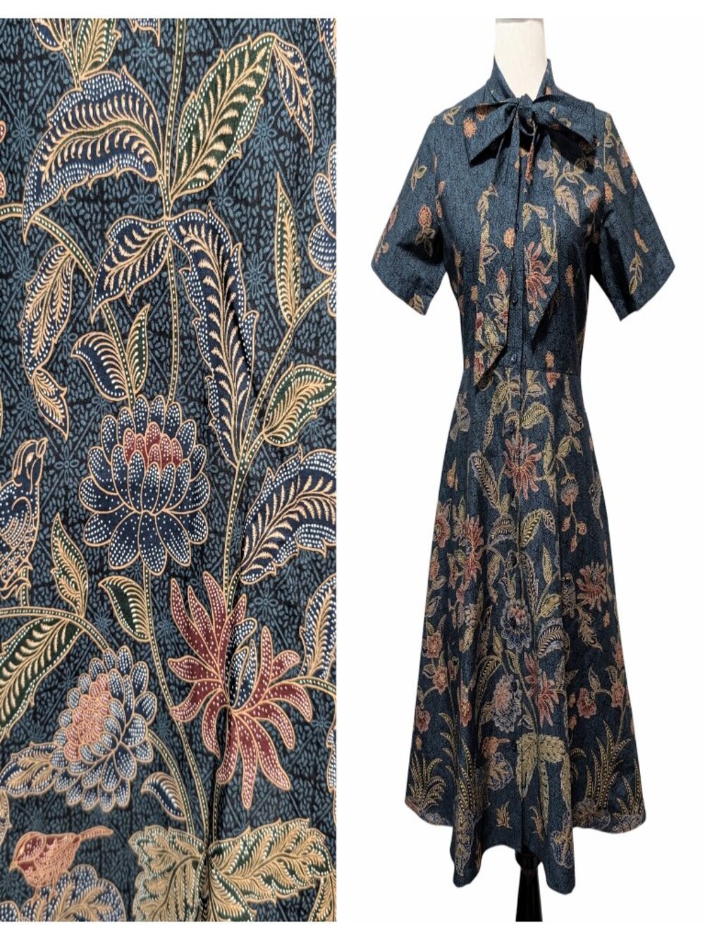 Batik Keris Womens NWT Size M Blue Lengan Pendek Floral Birds Tie Pockets Dress